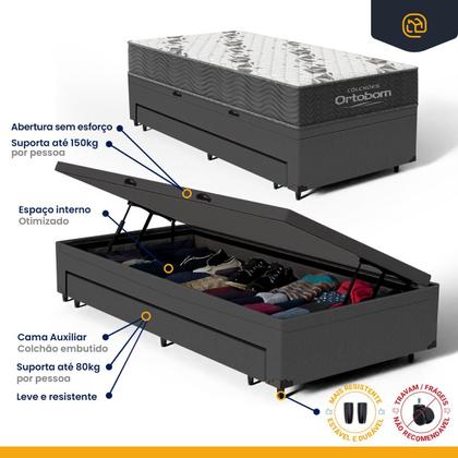 Imagem de Cama Box Baú com Colchão de Espuma D33 Ortobom Airtech 100 + Auxiliar Unique Solteiro 88cm