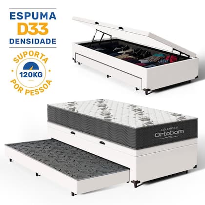 Imagem de Cama Box Baú com Colchão de Espuma D33 Ortopédico Ortobom Airtech 100 Auxiliar Unique Solteiro 88 cm