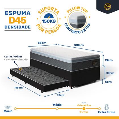 Imagem de Cama Box Baú com Colchão de Espuma D45 Pillow Top Fort Comfort + Auxiliar Unique Solteiro 88cm