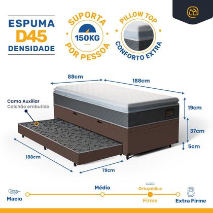 Imagem de Cama Box Baú com Colchão de Espuma D45 Pillow Top Fort Comfort + Auxiliar Unique Solteiro 88cm