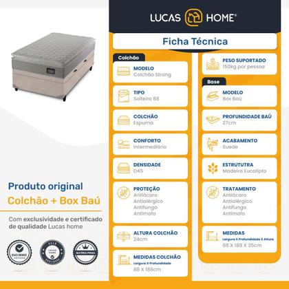 Imagem de Cama Box Baú com Colchão de Espuma D45 Pillow Top Strong + 1 Trav Solterio 88cm