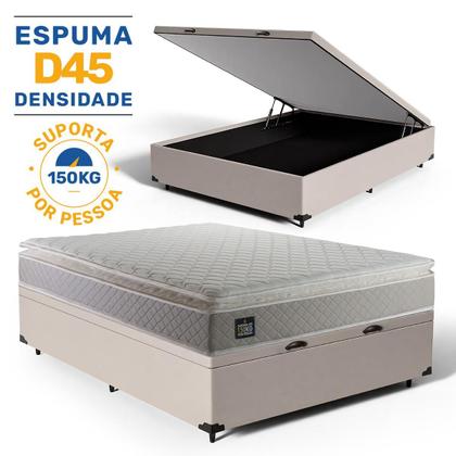 Imagem de Cama Box Baú com Colchão de Espuma D45 Pillow Top Strong + 2 Trav Casal 138cm