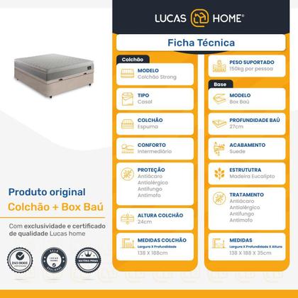 Imagem de Cama Box Baú com Colchão de Espuma D45 Pillow Top Strong + 2 Trav Casal 138cm