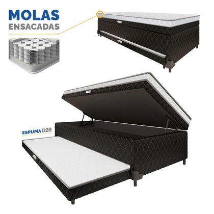 Imagem de Cama Box Baú com Colchão de Molas Ensacadas acoplado e Auxiliar de Espuma Lyon Solteiro 88 cm
