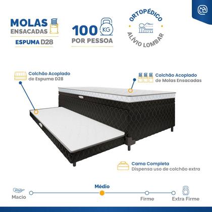 Imagem de Cama Box Baú com Colchão de Molas Ensacadas acoplado e Auxiliar de Espuma Lyon Solteiro 88 cm