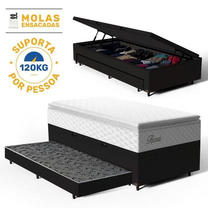 Imagem de Cama Box Baú com Colchão de Molas Ensacadas Pillow Top Flora + Auxiliar Unique Solteiro 88cm