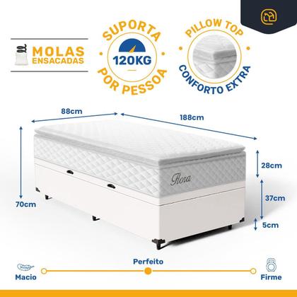 Imagem de Cama Box Baú com Colchão de Molas Ensacadas Pillow Top Flora Solteiro 88cm