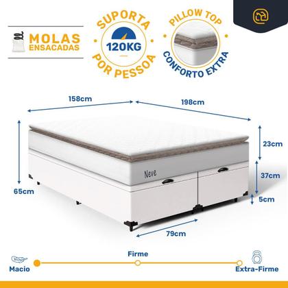 Imagem de Cama Box Baú com Colchão de Molas Ensacadas Pillow Top Neve Queen 158 cm