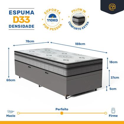 Imagem de Cama Box Baú com Colchão Espuma D33 Pillow In Anjos Ortosleep Solteiro 78x188x60cm
