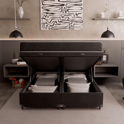 Imagem de Cama Box Baú Queen Bipartido + Colchão D33 One Face - 61x158x198cm - Suede Preto