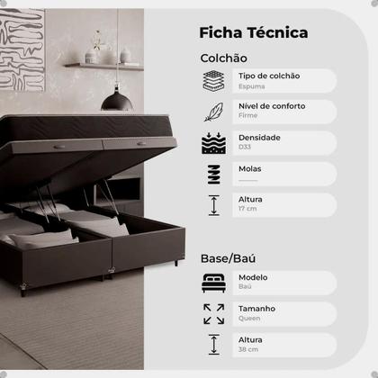 Imagem de Cama Box Baú Queen Bipartido + Colchão D33 One Face - 61x158x198cm - Várias Cores