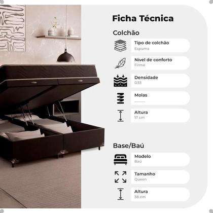 Imagem de Cama Box Baú Queen Bipartido + Colchão D33 One Face - 61x158x198cm - Várias Cores