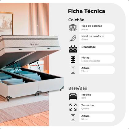 Imagem de Cama Box Baú Queen + Colchão Paris Molas Ensacadas Branco