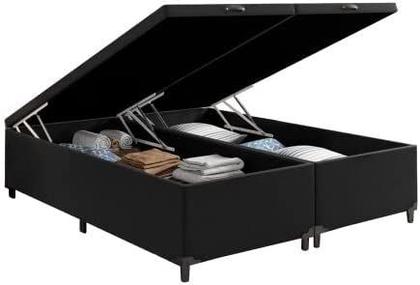Imagem de Cama Box Baú Queen Size Bipartido Material Sintético Preto com Pistões a gás