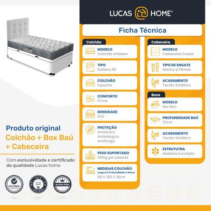 Imagem de Cama Box Baú Solteiro + Cabeceira Cassis e Colchão Ortobom Iso 100 88cm