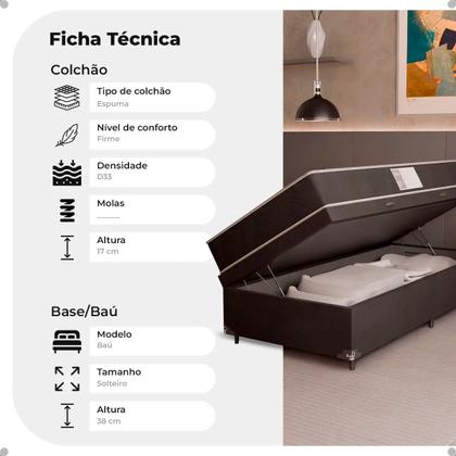 Imagem de Cama Box Baú Solteiro + Colchão D33 One Face - 61x88x188cm - Várias Cores