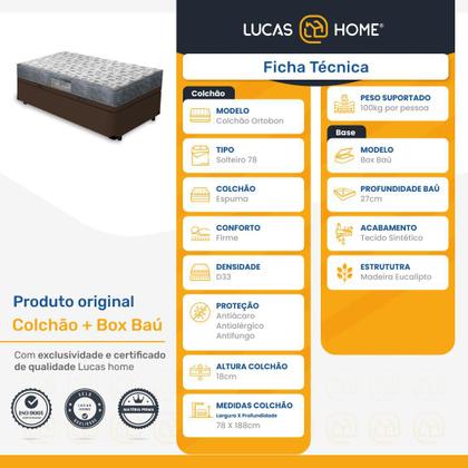 Cama Box Baú Solteiro + Colchão D33 Ortobom Iso 100 78cm Imagem de Cama Box Baú Solteiro + Colchão D33 Ortobom Iso 100 78cm