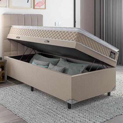 Imagem de Cama Box Baú Solteiro Colchão D45 com Pillow Top Hellen Strong Bege Suporta até 150kg por Pessoa