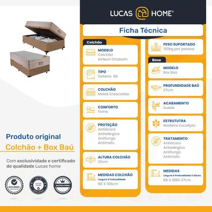 Cama Box Baú Solteiro + Colchão de Molas Ensacadas Ortobom Airtech Bege 88cm - Suporta até 150 Kg Por Pessoa Imagem de Cama Box Baú Solteiro + Colchão de Molas Ensacadas Ortobom Airtech Bege 88cm - Suporta até 150 Kg Por Pessoa