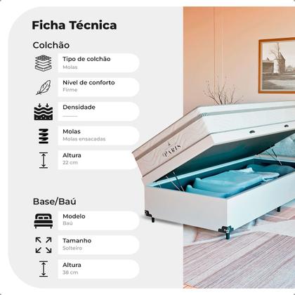 Imagem de Cama Box Baú Solteiro + Colchão Paris Molas Ensacadas Branco