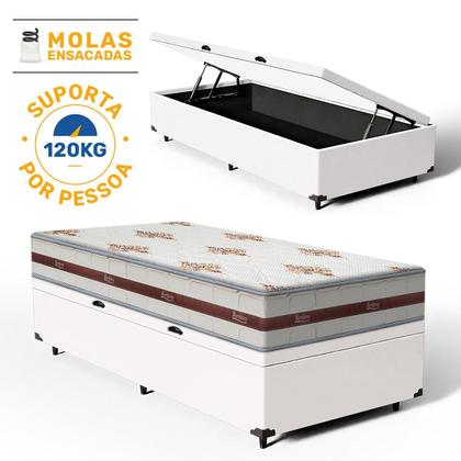 Imagem de Cama Box Baú Solteiro King Branco + Colchão De Molas Ensacadas - Anjos - Classic - 78x188x59cm