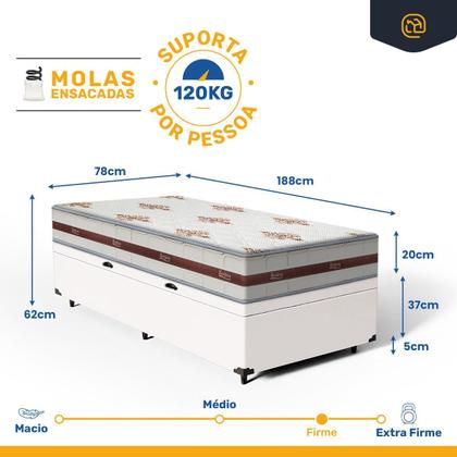 Imagem de Cama Box Baú Solteiro King Branco + Colchão De Molas Ensacadas - Anjos - Classic - 78x188x59cm