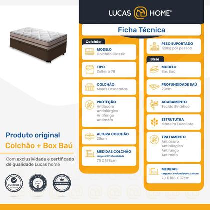 Imagem de Cama Box Baú Solteiro Marrom + Colchão De Molas Ensacadas - Anjos - Classic - 78x188x59cm