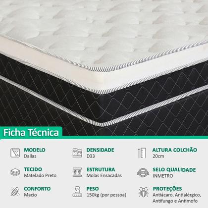 Imagem de Cama Box Baú Viúva + Colchão Molas Ensacadas Dallas D33 128x188x58cm