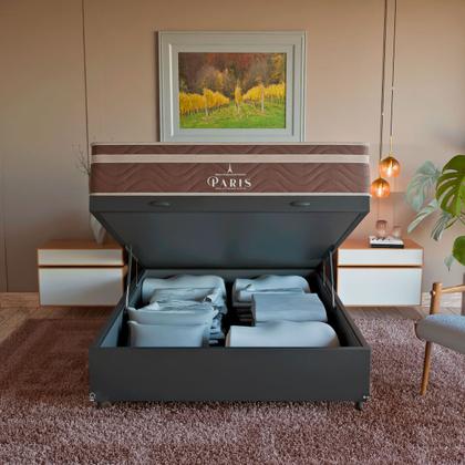 Imagem de Cama Box Baú Viúva + Colchão Paris Molas Ensacadas Pocket - 66x128x188cm - Couro Preto