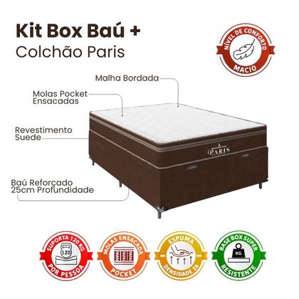 Imagem de Cama Box Baú Viúva + Colchão Paris Molas Ensacadas Pocket - 66x128x188cm - Suede Marrom