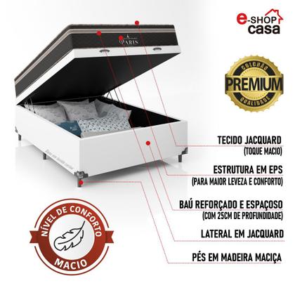 Imagem de Cama Box Baú Viúva + Colchão Paris Molas Ensacadas Pocket - 66x128x188cm - Várias Cores