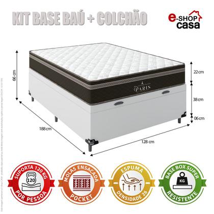 Imagem de Cama Box Baú Viúva + Colchão Paris Molas Ensacadas Pocket - 66x128x188cm - Várias Cores