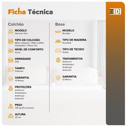 Imagem de Cama Box Baú Viúva Preto + Colchão Ortopedico Espuma D33 Pillow Top Hanover One 128x188x64cm