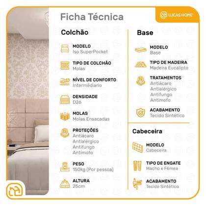 Imagem de Cama Box + Cabeceira Painel e Colchão de Molas ISO SuperPocket Solteiro 88cm