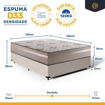 Imagem de Cama Box Casal + Colchão D33 Millenium One Face Bege 138x188x58cm - Suporta até 120Kg Por Pessoa