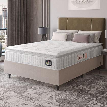 Imagem de Cama Box Casal Colchão Espuma D45 Lazio Pillow Top 138x188x62cm Suede Branco/bege Hellen