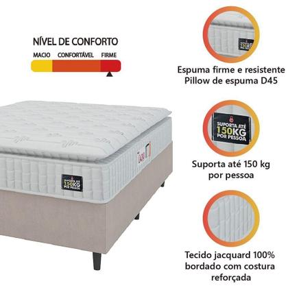 Imagem de Cama Box Casal Colchão Espuma D45 Lazio Pillow Top 138x188x62cm Suede Branco/bege Hellen