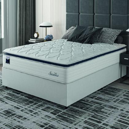 Imagem de Cama Box Casal Colchão Molas Ensacadas Com Pillow Sevilha 138x188x71cm Branco/Cinza Hellen  Suporta Até 150 Kg Por Pessoa