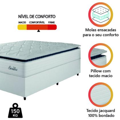 Imagem de Cama Box Casal Colchão Molas Ensacadas Com Pillow Sevilha 138x188x71cm Branco/Cinza Hellen  Suporta Até 150 Kg Por Pessoa