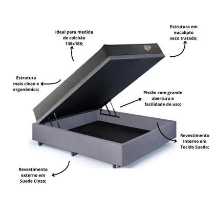 Imagem de Cama Box Casal com Baú Suede Cinza 138x188 com Colchão Adapto Molas Ensacadas Ecoflex