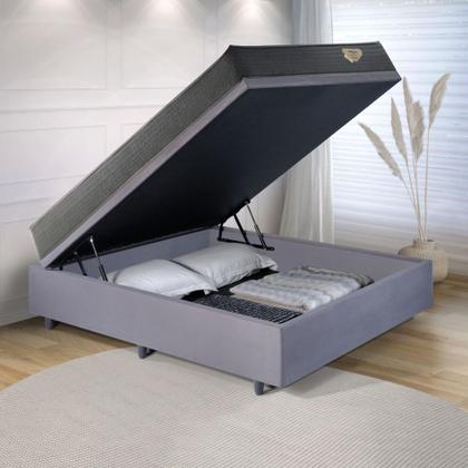 Imagem de Cama Box Casal com Baú Suede Cinza 138x188 com Colchão Adapto Molas Ensacadas Ecoflex