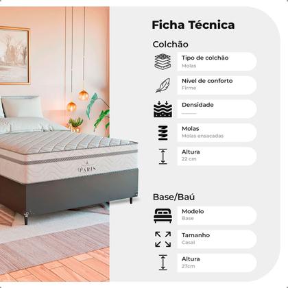Imagem de Cama Box Casal Couro Preto + Colchão Paris Molas Branco