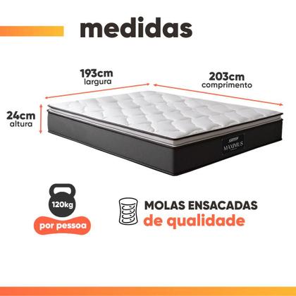 Imagem de Cama Box Casal King Gazin Colchão Molas Ensacadas Pillow Top Maximus 193x203x66cm Cinza/Preto