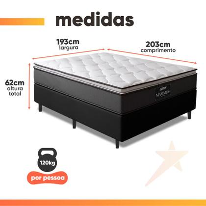 Imagem de Cama Box Casal King Gazin Colchão Molas Ensacadas Pillow Top Maximus 193x203x66cm Cinza/Preto
