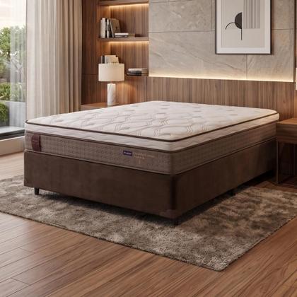 Imagem de Cama Box Casal Queen Colchão Molas Ensacadas Guarda Costas Alameda 158x198x68cm Suede Marrom/Branco
