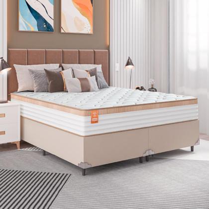 Imagem de Cama Box Casal Queen Colchão Molas Ensacadas Real 158x198x65cm Branco / Bege - Suporta até 130Kg