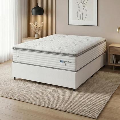 Imagem de Cama Box Casal Queen Colchão Molas Guarda Costas Max Com Pillow Probel 158x198x78cm Branco / Cinza
