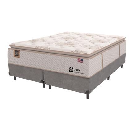 Imagem de Cama Box Cinza e Colchão Queen Doux Comfort Molas LFK e Europillow Sealy