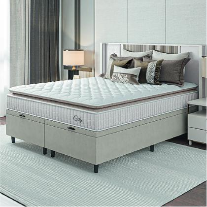 Cama Box Colchão Baú Casal King Molas Ensacadas City Pillow Top 193x203x64cm Bege / Branco Hellen - Suporta até 110kg por Pessoa Imagem de Cama Box Colchão Baú Casal King Molas Ensacadas City Pillow Top 193x203x64cm Bege / Branco Hellen - Suporta até 110kg por Pessoa
