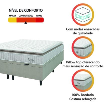 Cama Box Colchão Baú Casal King Molas Ensacadas City Pillow Top 193x203x64cm Bege / Branco Hellen - Suporta até 110kg por Pessoa Imagem de Cama Box Colchão Baú Casal King Molas Ensacadas City Pillow Top 193x203x64cm Bege / Branco Hellen - Suporta até 110kg por Pessoa